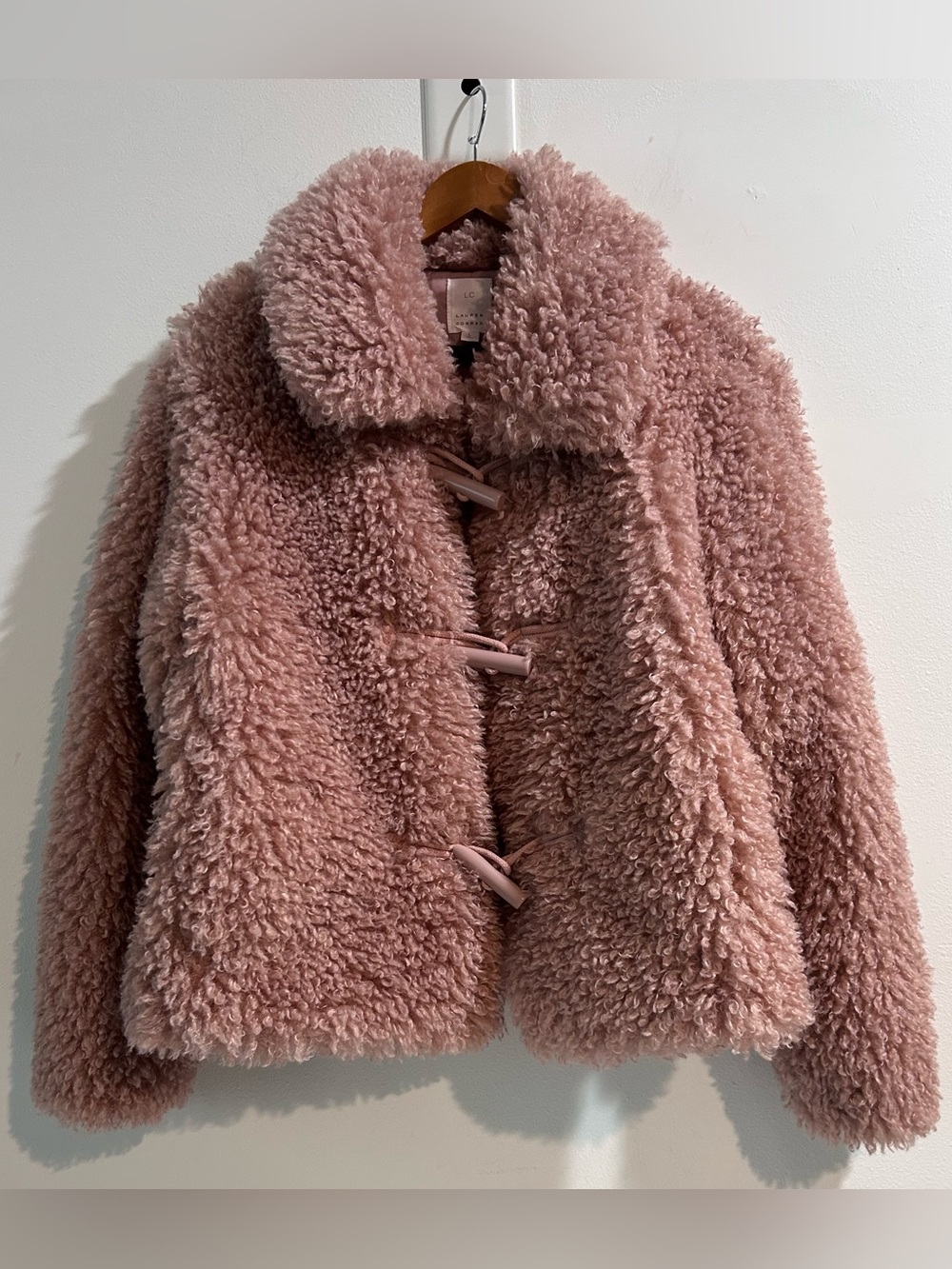 LC Lauren Conrad Blush Pink Teddy Faux Fur Toggle Jacket L NWOT